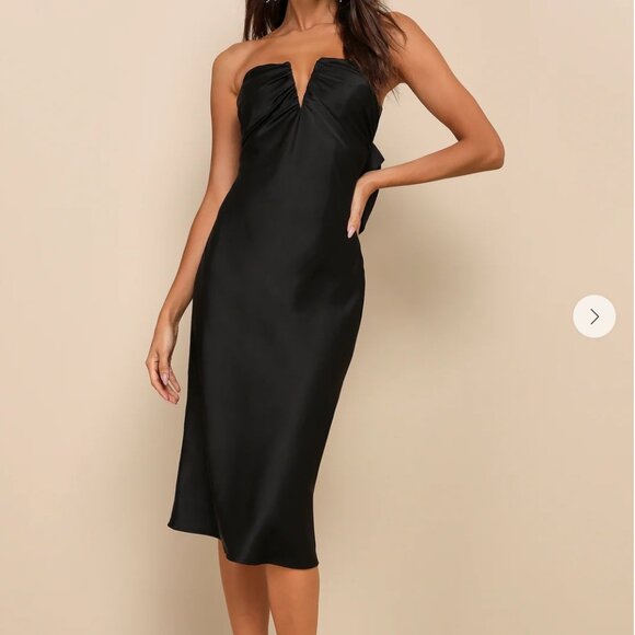 NWT Lulus Black Satin Rhinestone Bow Strapless Midi Dress - Picture 1 of 6